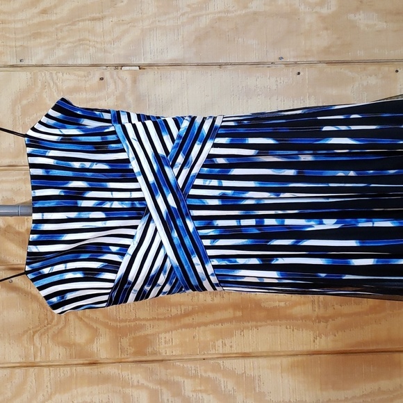 JS Collections Black Blue White Print Ribbon Stripe Sleeveless Dress Size 6 - Picture 2 of 10